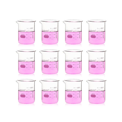 Upgrated 6 Size Low Form Glass Beaker Set, 25ml 50ml 100ml 250ml 500ml 1000ml, 3.3 Boro Glass beakers with Printed Graduation, LVA019