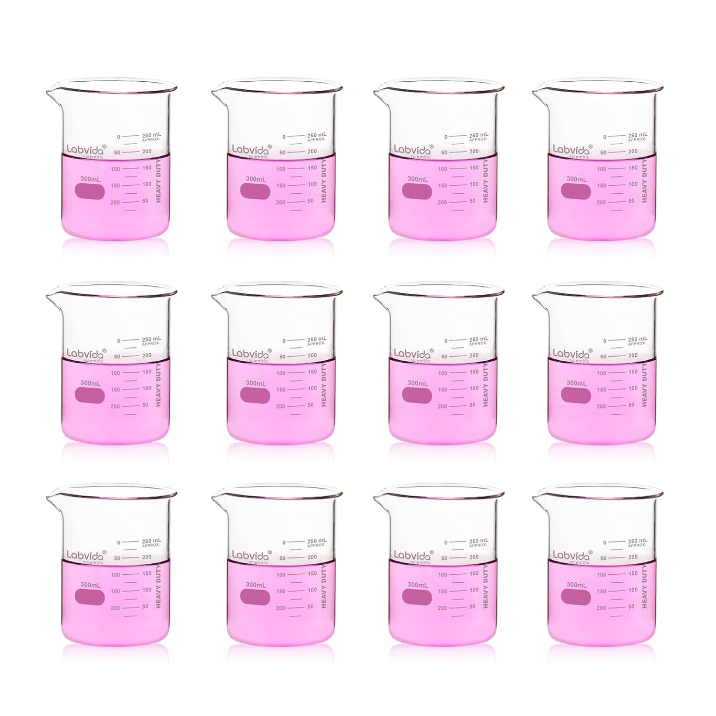 Upgrated 6 Size Low Form Glass Beaker Set, 25ml 50ml 100ml 250ml 500ml 1000ml, 3.3 Boro Glass beakers with Printed Graduation, LVA019