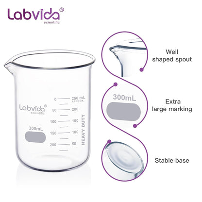 Upgrated 6 Size Low Form Glass Beaker Set, 25ml 50ml 100ml 250ml 500ml 1000ml, 3.3 Boro Glass beakers with Printed Graduation, LVA019