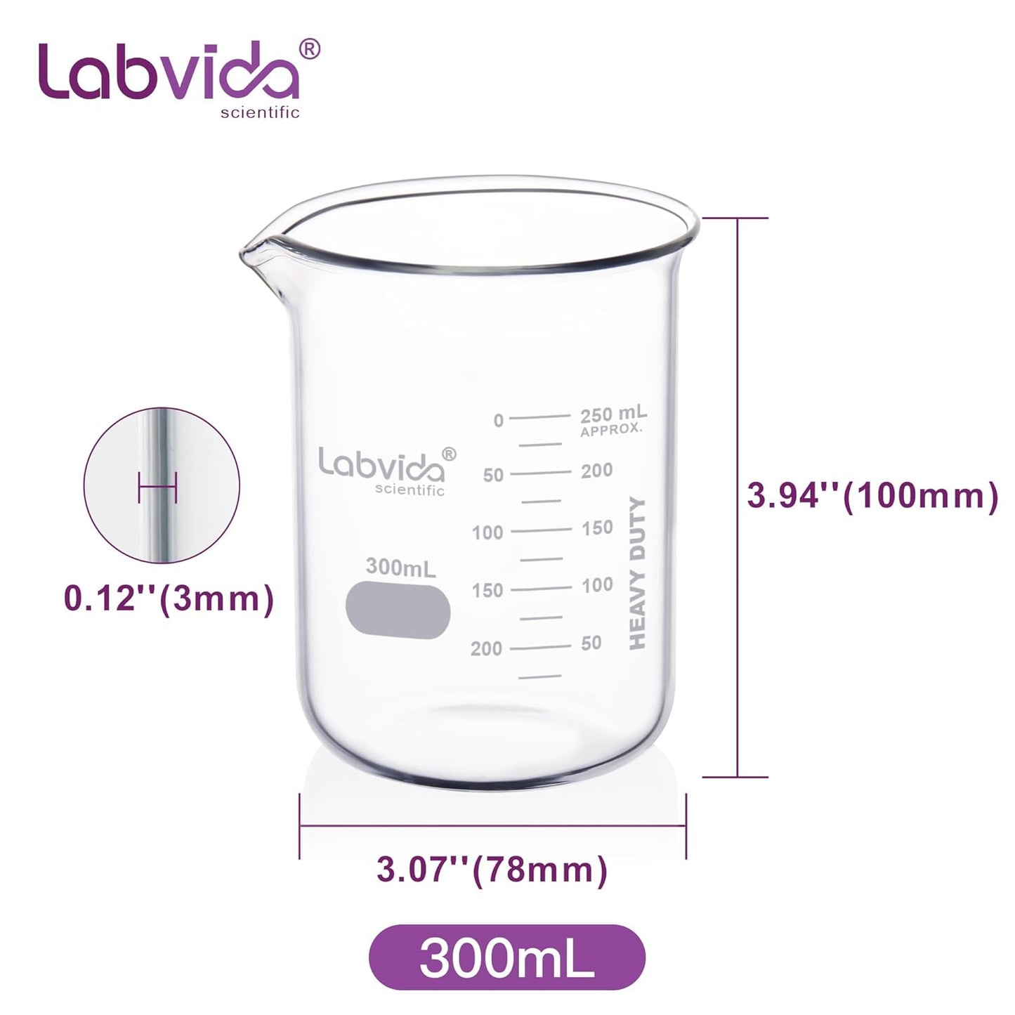 Upgrated 6 Size Low Form Glass Beaker Set, 25ml 50ml 100ml 250ml 500ml 1000ml, 3.3 Boro Glass beakers with Printed Graduation, LVA019