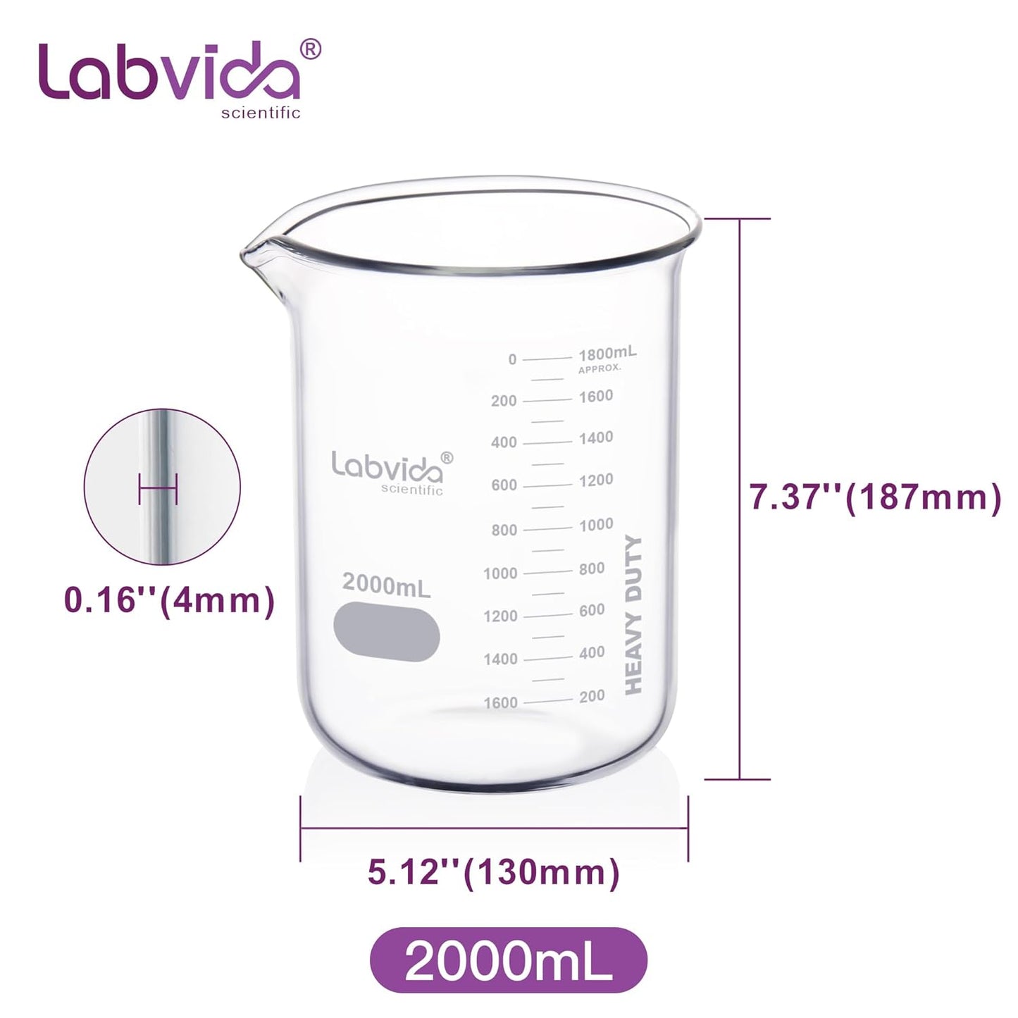 Upgrated 6 Size Low Form Glass Beaker Set, 25ml 50ml 100ml 250ml 500ml 1000ml, 3.3 Boro Glass beakers with Printed Graduation, LVA019