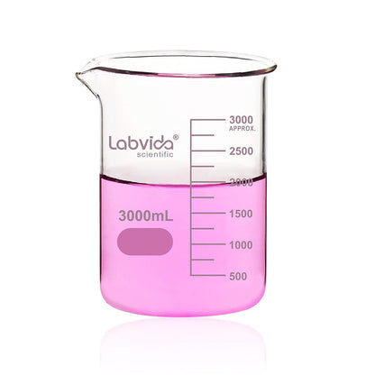 Upgrated 6 Size Low Form Glass Beaker Set, 25ml 50ml 100ml 250ml 500ml 1000ml, 3.3 Boro Glass beakers with Printed Graduation, LVA019
