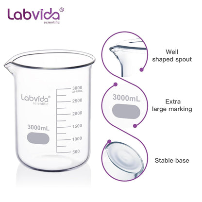 Upgrated 6 Size Low Form Glass Beaker Set, 25ml 50ml 100ml 250ml 500ml 1000ml, 3.3 Boro Glass beakers with Printed Graduation, LVA019