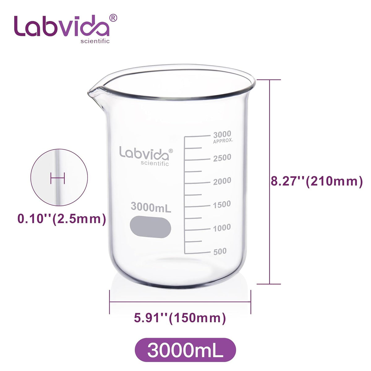 Upgrated 6 Size Low Form Glass Beaker Set, 25ml 50ml 100ml 250ml 500ml 1000ml, 3.3 Boro Glass beakers with Printed Graduation, LVA019
