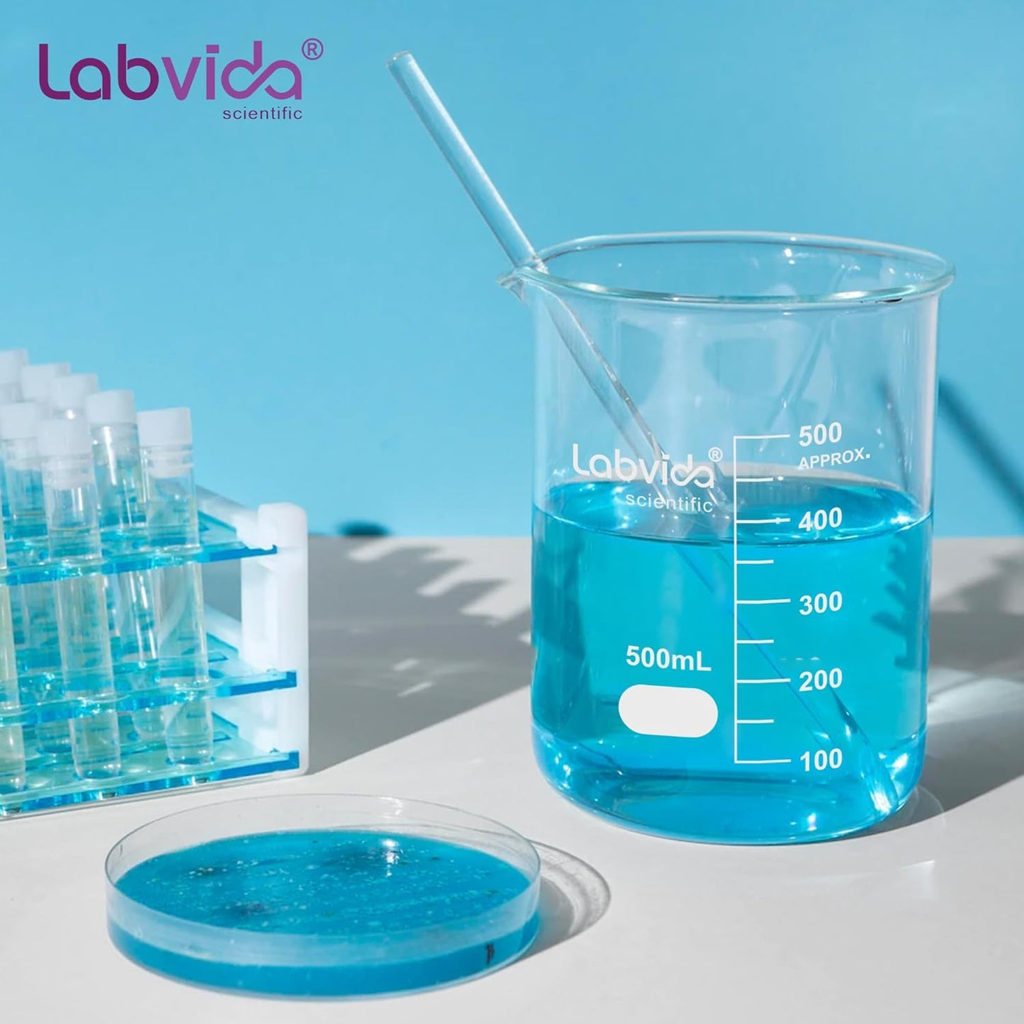 Upgrated 6 Size Low Form Glass Beaker Set, 25ml 50ml 100ml 250ml 500ml 1000ml, 3.3 Boro Glass beakers with Printed Graduation, LVA019