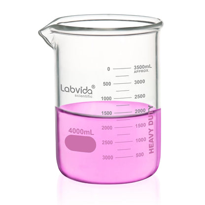 Upgrated 6 Size Low Form Glass Beaker Set, 25ml 50ml 100ml 250ml 500ml 1000ml, 3.3 Boro Glass beakers with Printed Graduation, LVA019