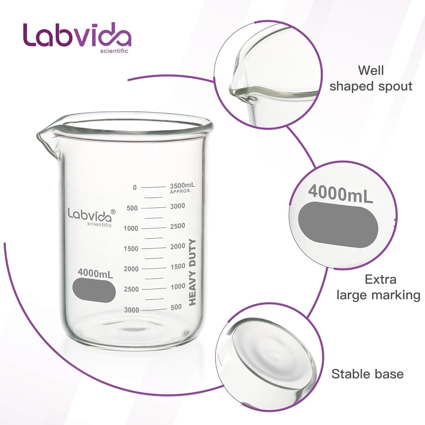 Upgrated 6 Size Low Form Glass Beaker Set, 25ml 50ml 100ml 250ml 500ml 1000ml, 3.3 Boro Glass beakers with Printed Graduation, LVA019
