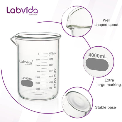 Upgrated 6 Size Low Form Glass Beaker Set, 25ml 50ml 100ml 250ml 500ml 1000ml, 3.3 Boro Glass beakers with Printed Graduation, LVA019