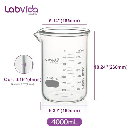Upgrated 6 Size Low Form Glass Beaker Set, 25ml 50ml 100ml 250ml 500ml 1000ml, 3.3 Boro Glass beakers with Printed Graduation, LVA019