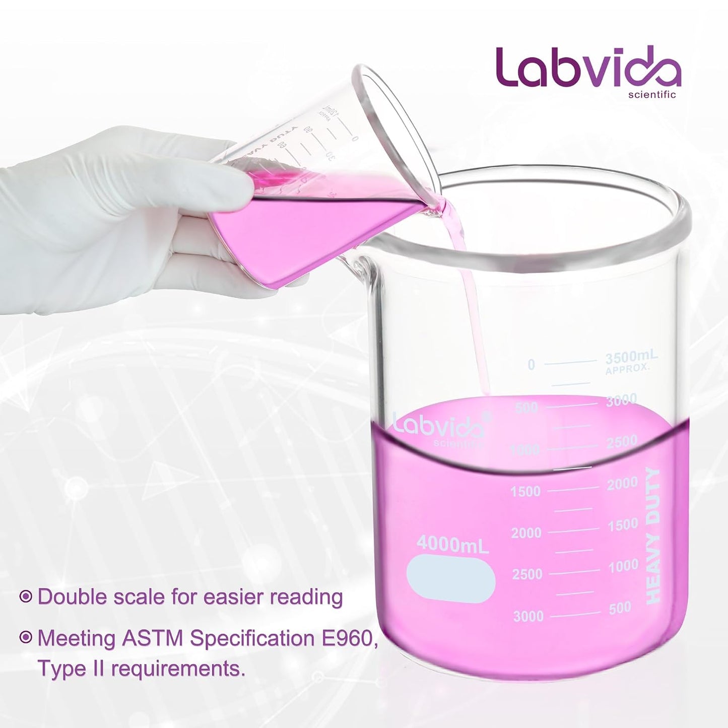 Upgrated 6 Size Low Form Glass Beaker Set, 25ml 50ml 100ml 250ml 500ml 1000ml, 3.3 Boro Glass beakers with Printed Graduation, LVA019