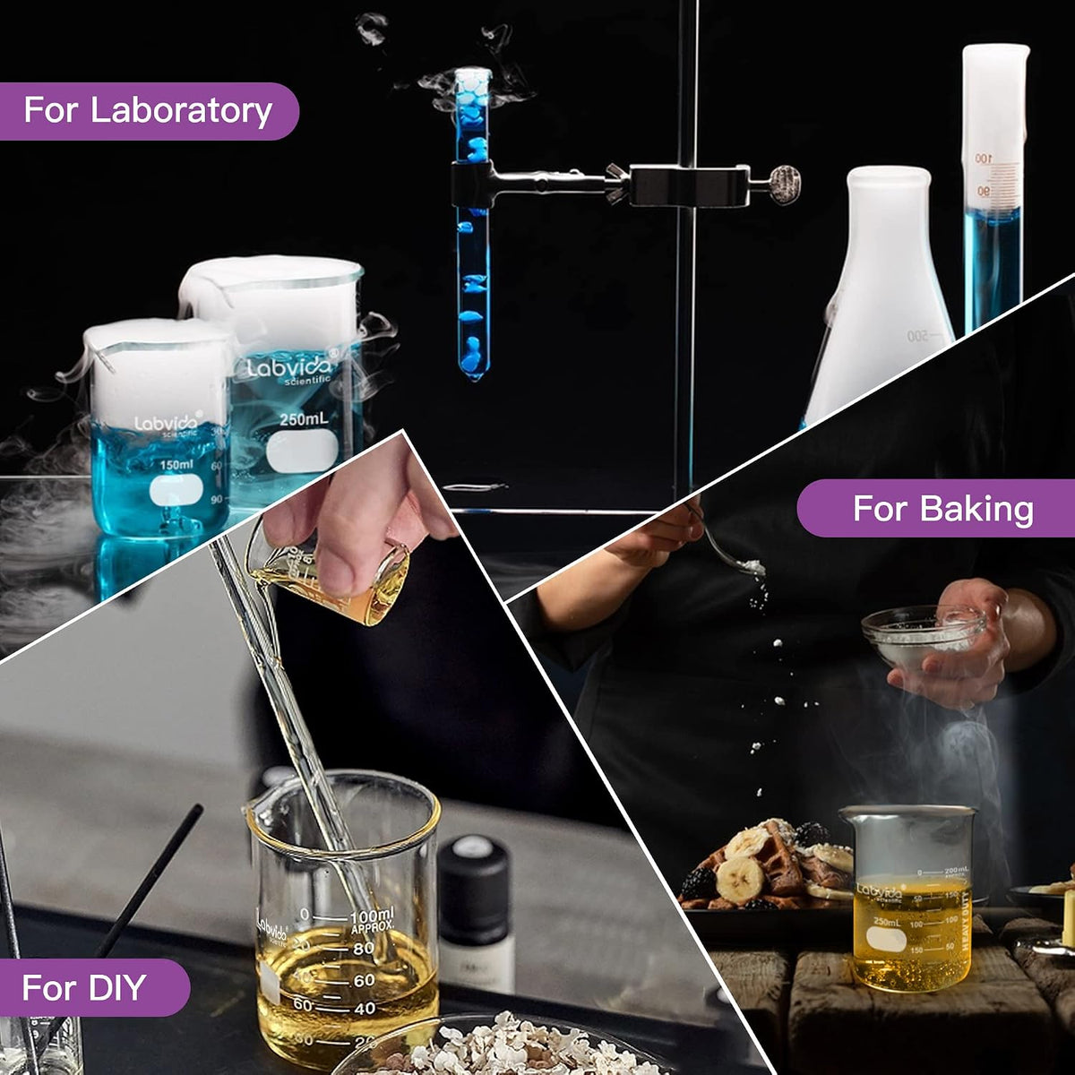 Upgrated 6 Size Low Form Glass Beaker Set, 25ml 50ml 100ml 250ml 500ml 1000ml, 3.3 Boro Glass beakers with Printed Graduation, LVA019