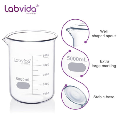 Upgrated 6 Size Low Form Glass Beaker Set, 25ml 50ml 100ml 250ml 500ml 1000ml, 3.3 Boro Glass beakers with Printed Graduation, LVA019
