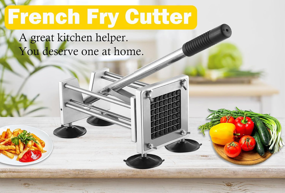 French Fry Cutter，Professional Stainless Steel Potato Cutter， Press Fries with 1/2-Inch and 3/8-Inch Blade Great for Potatoes