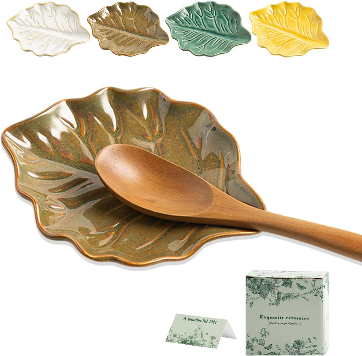 Ceramic Spoon Rest, 5.1 in Leaf Shape for Stove Top and Counter | Fits spoons, ladles, spatulas and coffee stirrers beside the stove, sink, coffee bar or dining table.