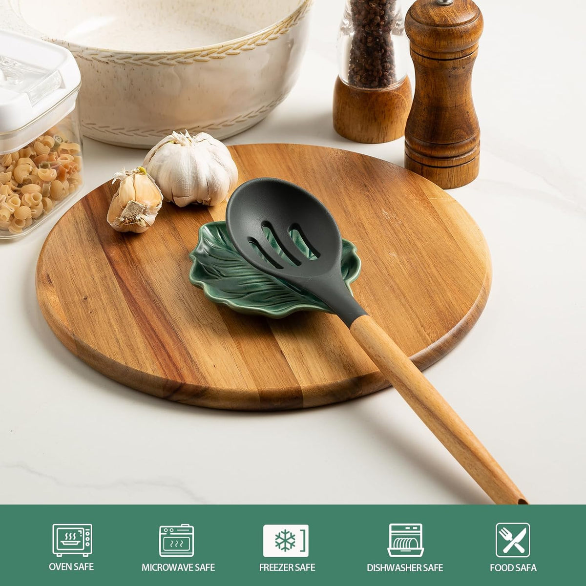 Ceramic Spoon Rest, 5.1 in Leaf Shape for Stove Top and Counter | Fits spoons, ladles, spatulas and coffee stirrers beside the stove, sink, coffee bar or dining table.
