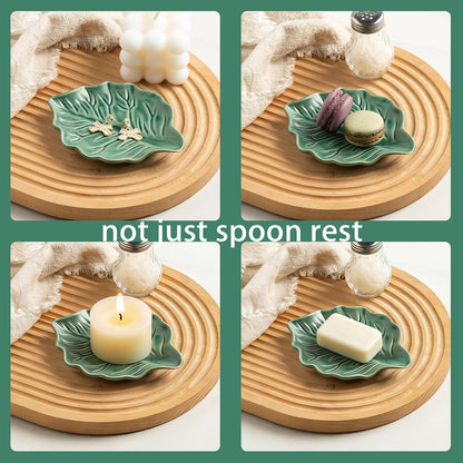 Ceramic Spoon Rest, 5.1 in Leaf Shape for Stove Top and Counter | Fits spoons, ladles, spatulas and coffee stirrers beside the stove, sink, coffee bar or dining table.