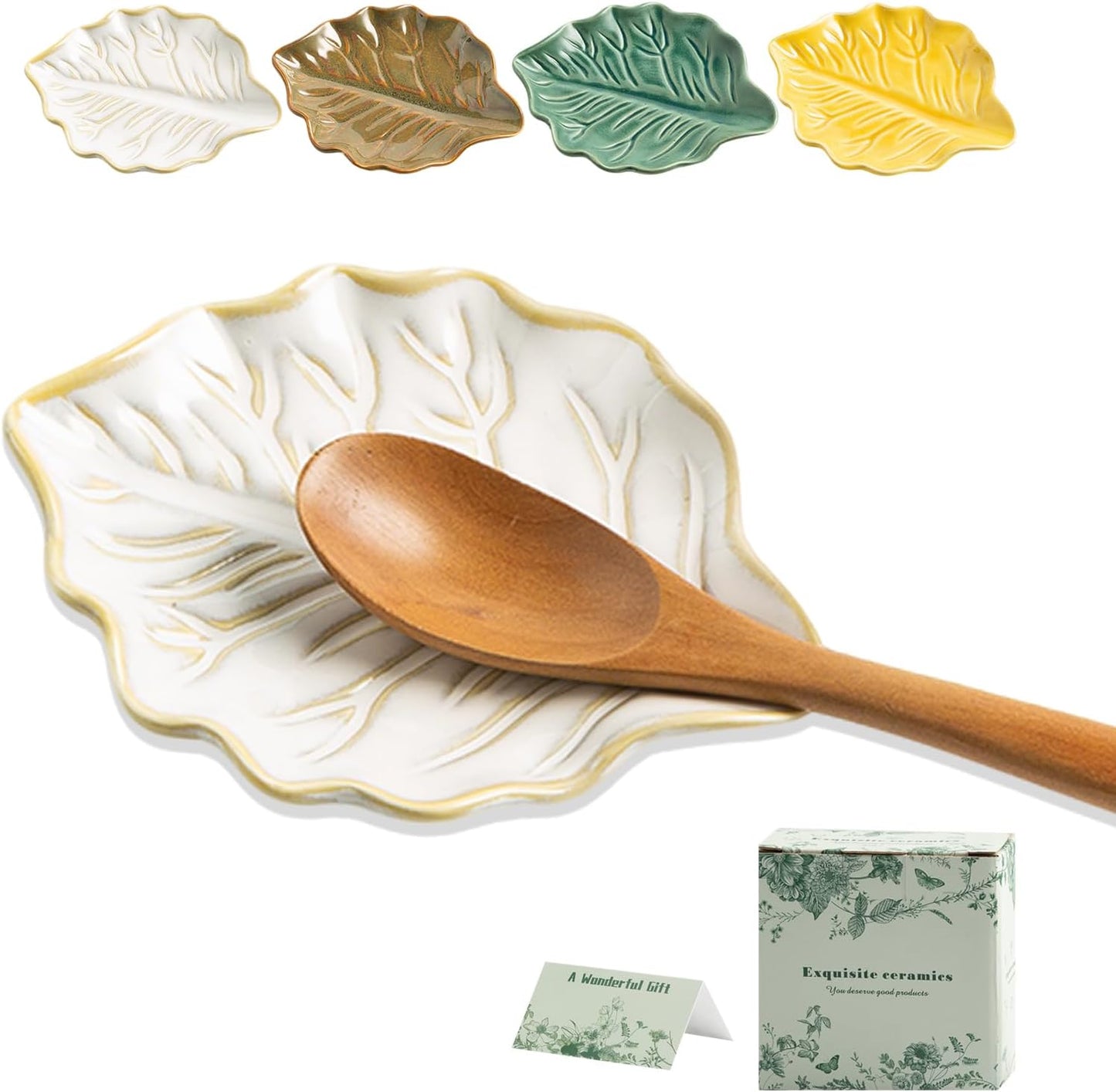 Ceramic Spoon Rest, 5.1 in Leaf Shape for Stove Top and Counter | Fits spoons, ladles, spatulas and coffee stirrers beside the stove, sink, coffee bar or dining table.