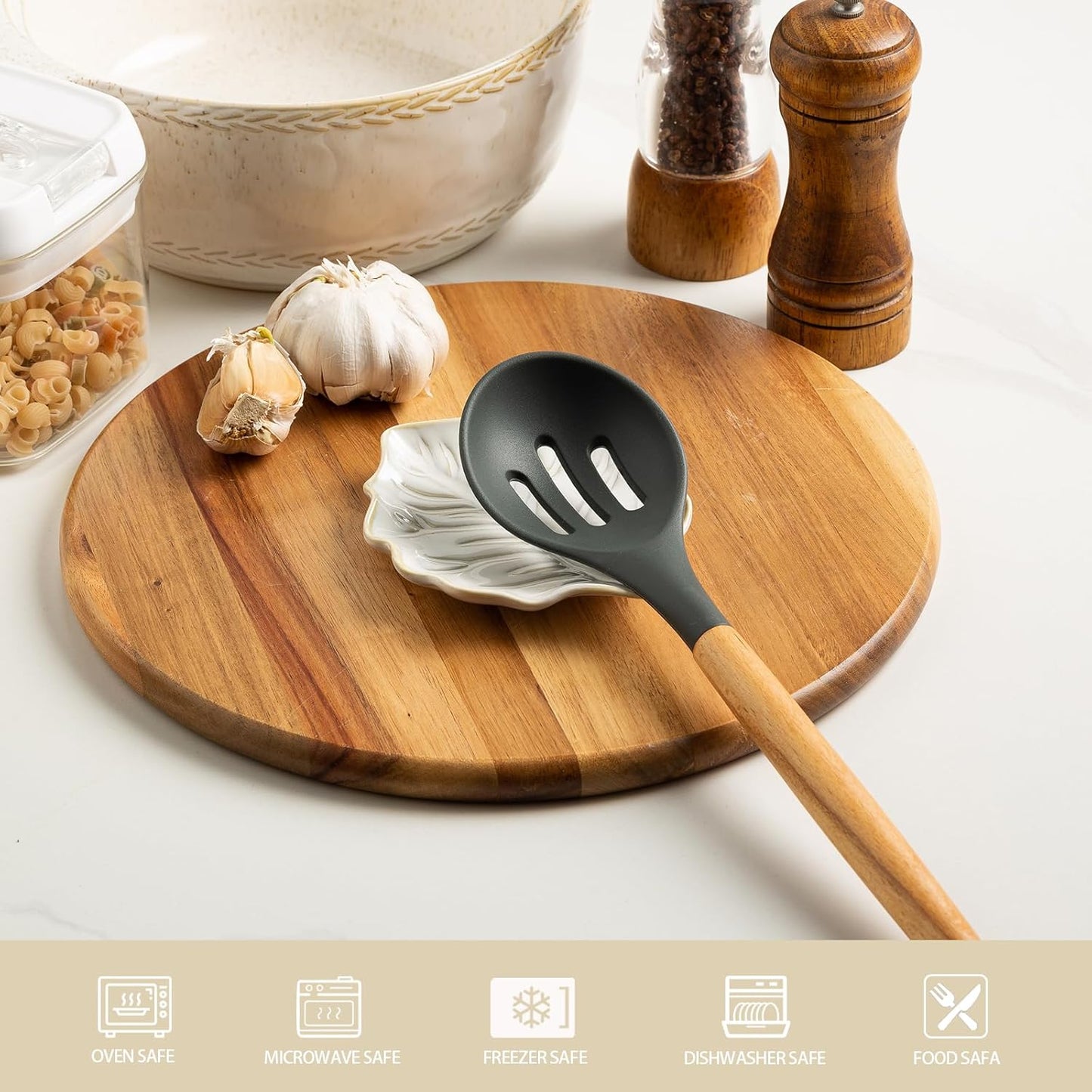 Ceramic Spoon Rest, 5.1 in Leaf Shape for Stove Top and Counter | Fits spoons, ladles, spatulas and coffee stirrers beside the stove, sink, coffee bar or dining table.