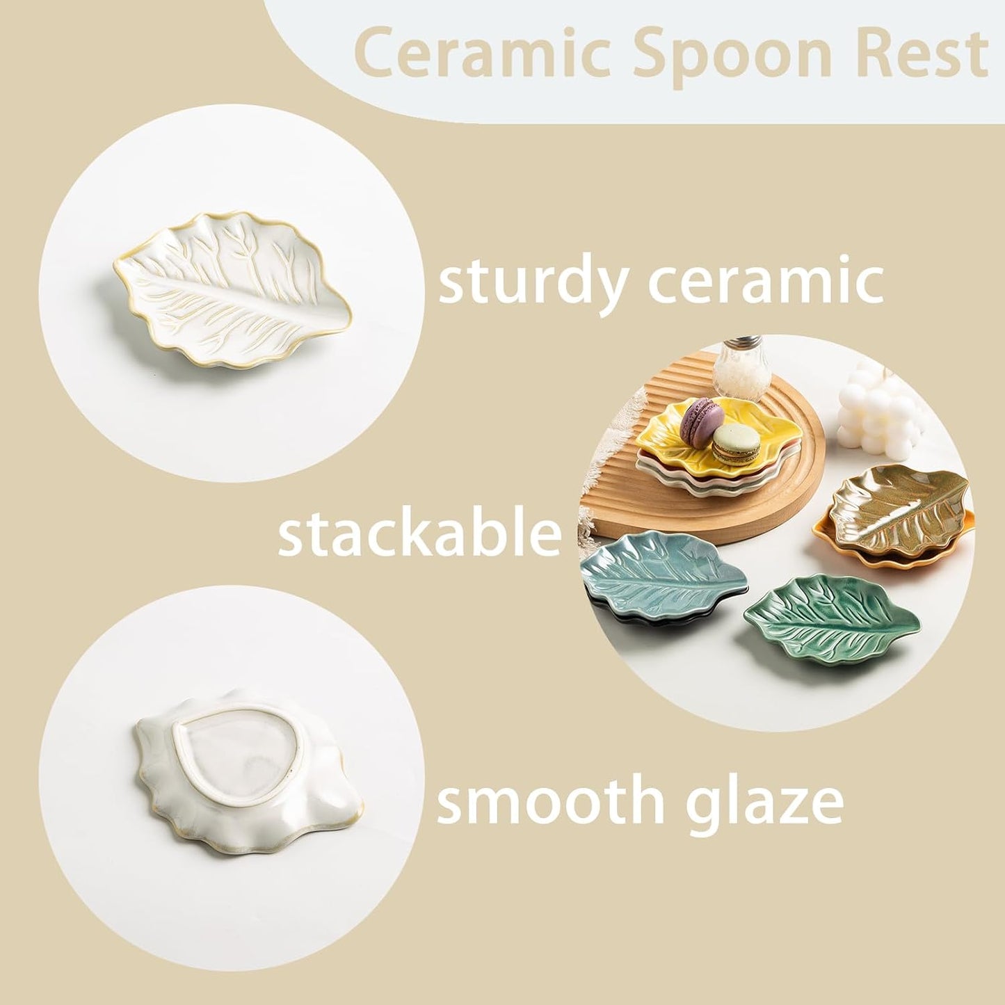 Ceramic Spoon Rest, 5.1 in Leaf Shape for Stove Top and Counter | Fits spoons, ladles, spatulas and coffee stirrers beside the stove, sink, coffee bar or dining table.