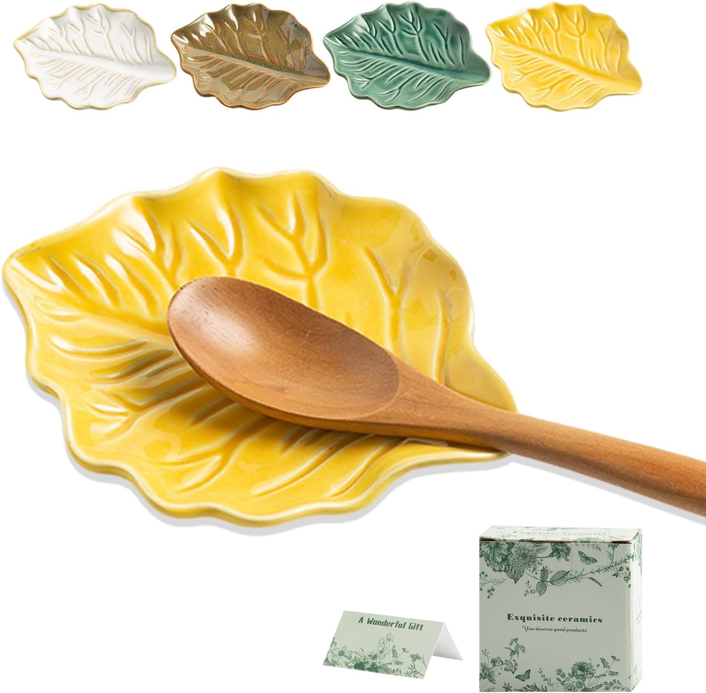 Ceramic Spoon Rest, 5.1 in Leaf Shape for Stove Top and Counter | Fits spoons, ladles, spatulas and coffee stirrers beside the stove, sink, coffee bar or dining table.