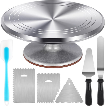 Aluminum Cake Stand Turntable Set for Decorating Baking Kit, 12" | Beginner-friendly, Baking Supplies Tools with Cake Stand Turntable for Decorating and Display, 2 Spatulas, 3 Icing Scrapers
