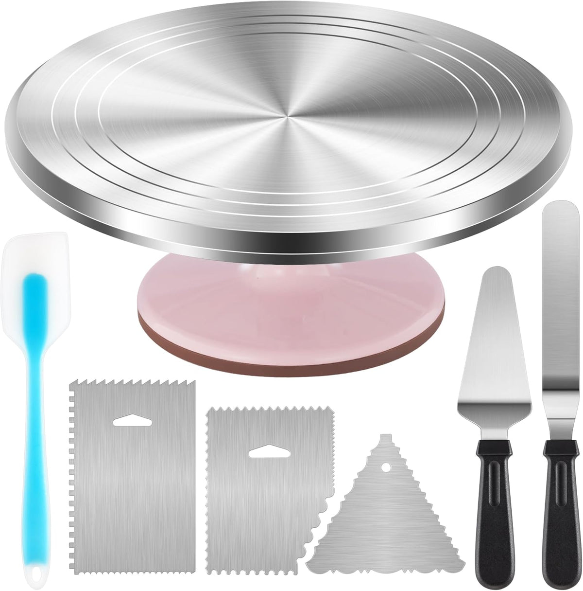 Aluminum Cake Stand Turntable Set for Decorating Baking Kit, 12" | Beginner-friendly, Baking Supplies Tools with Cake Stand Turntable for Decorating and Display, 2 Spatulas, 3 Icing Scrapers