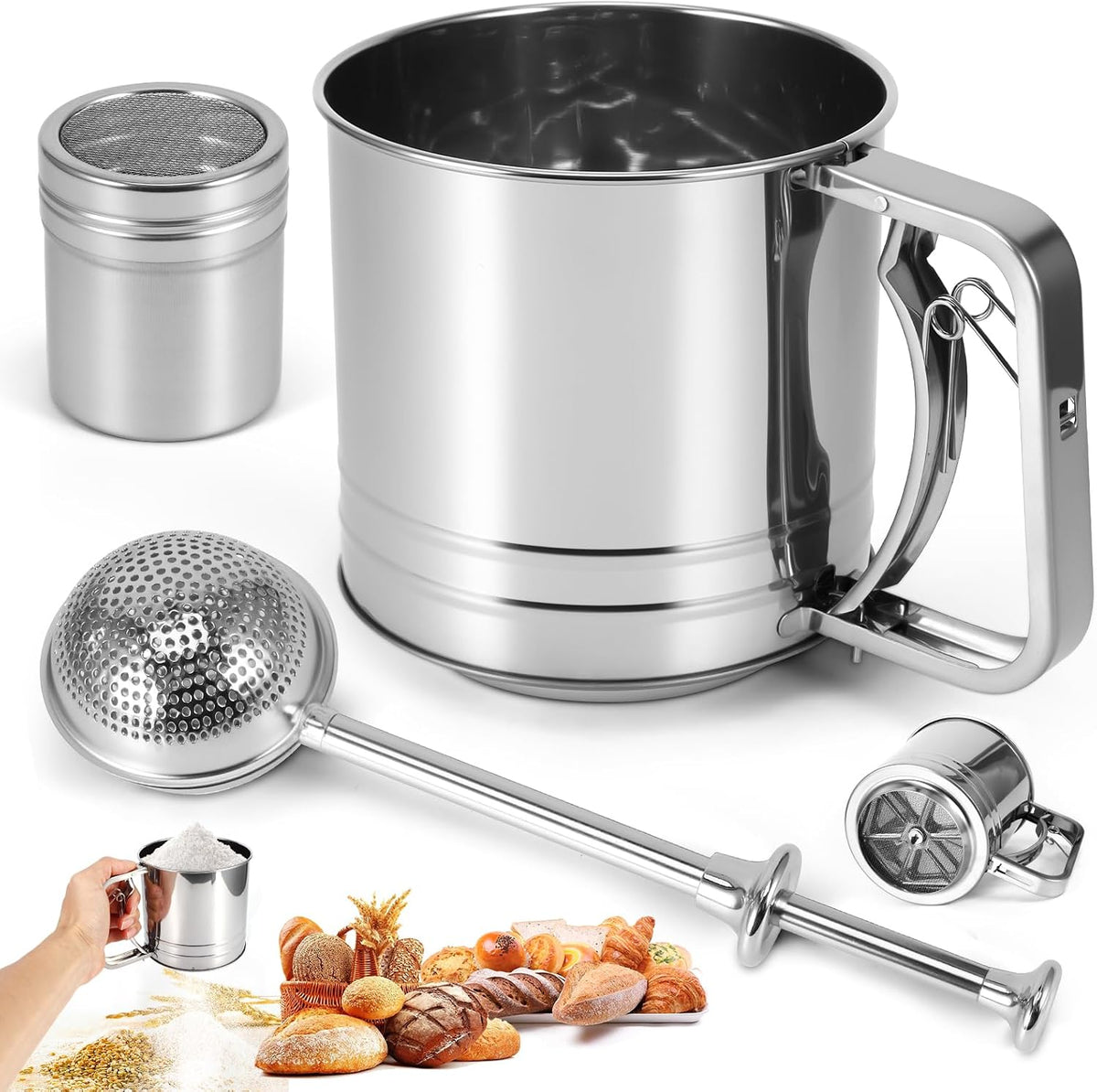 Flour Sifter for Baking, 3 Cup Double-layer Squeeze, Stainless Steel