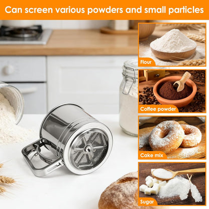 Flour Sifter for Baking, 3 Cup Double-layer Squeeze, Stainless Steel