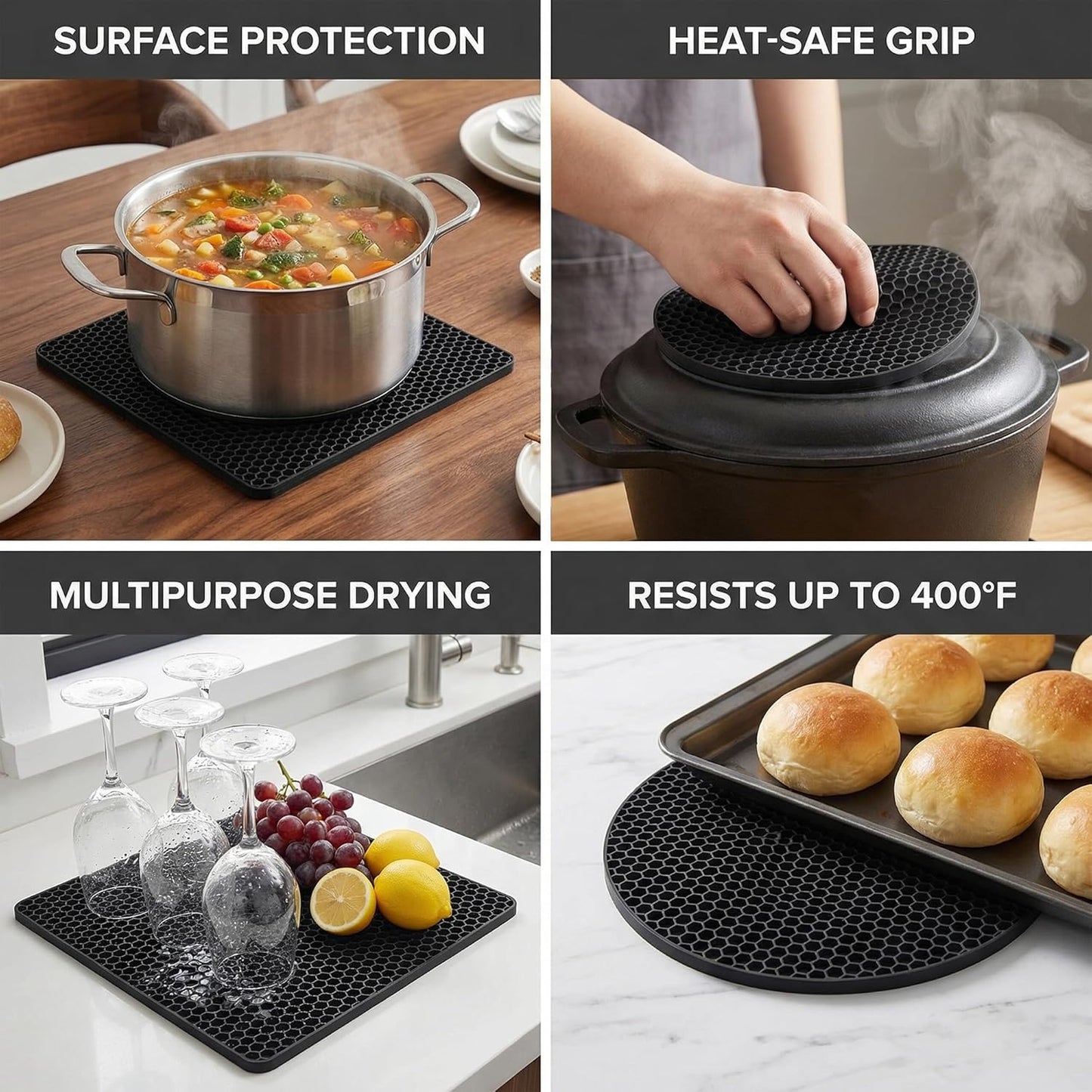 4 Pack Silicone Trivets for Hot Dishes | Heat-Resistant Non-Slip Hot Pads for Kitchen Countertops and Tables, Food-Grade Thick Silicone Mats (7.1x7.1in)