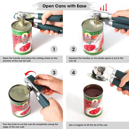 Heavy Duty Hand Can Opener Manual with Magnet Lid Remover, Green