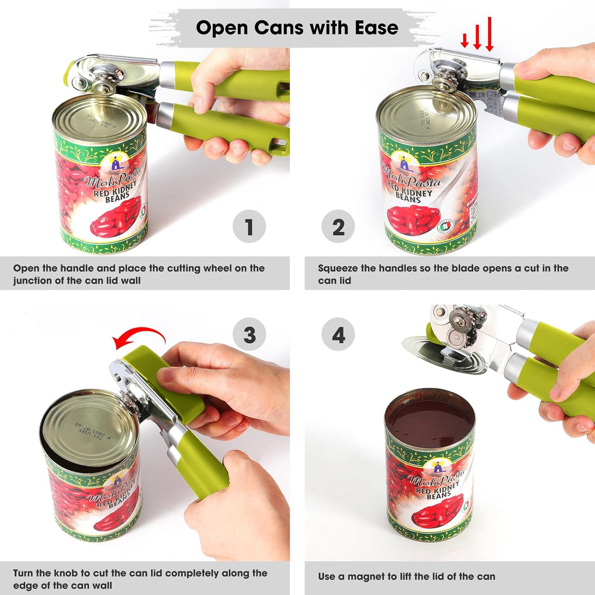 Heavy Duty Hand Can Opener Manual with Magnet Lid Remover, Green