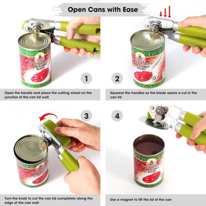 Heavy Duty Hand Can Opener Manual with Magnet Lid Remover, Green