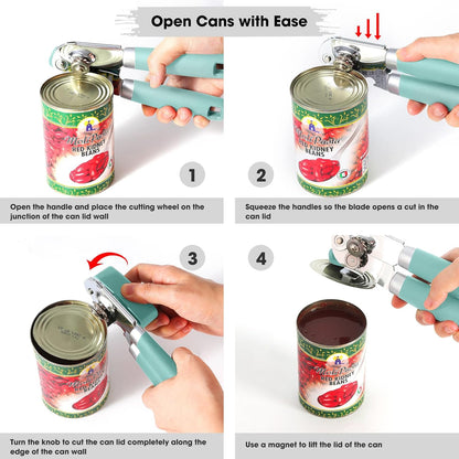 Heavy Duty Hand Can Opener Manual with Magnet Lid Remover, Green