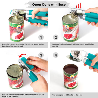 Heavy Duty Hand Can Opener Manual with Magnet Lid Remover, Green