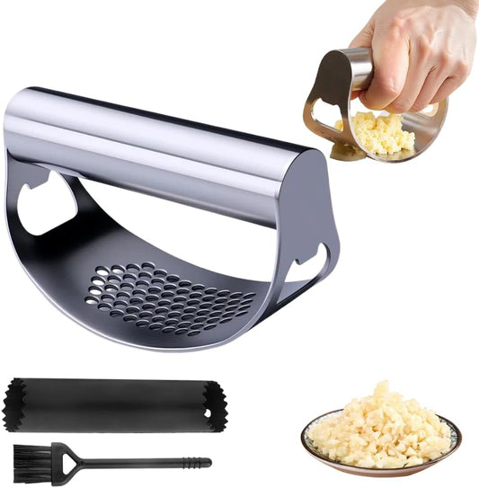 Stainless Steel Garlic Press Rocker, 2025 New Heavy Duty Gralic Crusher Tool with Peeler and Brush for Smash Garlic Built-in Bottle Opener - Easy Kitchen Gadget for Effortless Garlic Prep (1, black)