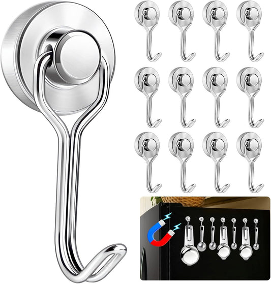 Measuring Cup and Spoon Organizer, 12 Pack 30lbs Strong Magnetic Hooks Hanging Cups and Spoons, Magnetic Kitchen Hooks Utensil Hanger Holder for Refrigerator, Cruise Cabins, Garage Silver