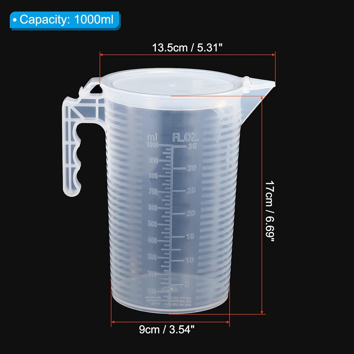 Graduated Beaker, 100ml PP Plastic Liquid Measuring Cup Double Sided Black Graduations with Handle Lid and Spout for Lab Kitchen Home