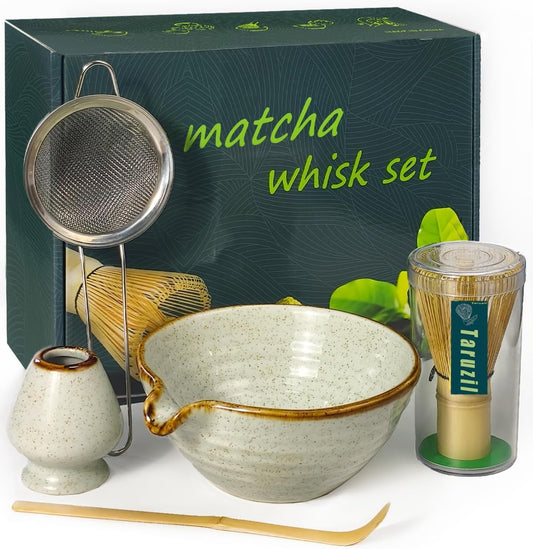 Matcha Whisk Set with Matcha Bowl, Matcha Bamboo Whisk, Scoop, Sifter, Matcha Whisk Holder Unique Gifts for Women Mom Her Girl Friend Home Kitchen Decor Gifts for Christmas, Birthday