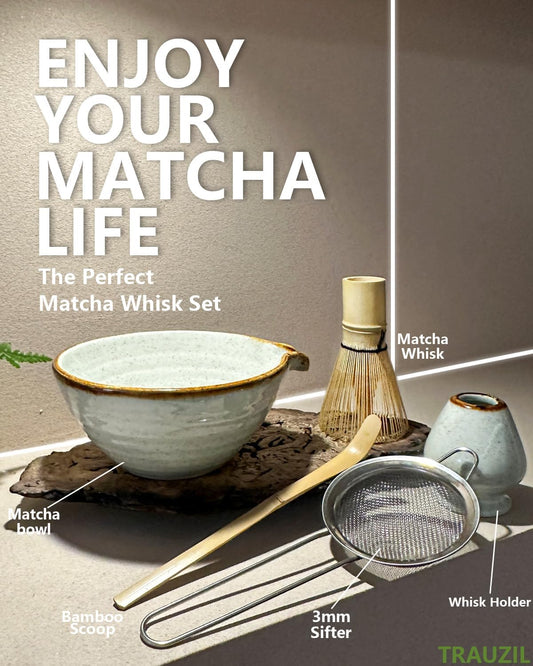 Matcha Whisk Set with Matcha Bowl, Matcha Bamboo Whisk, Scoop, Sifter, Matcha Whisk Holder Unique Gifts for Women Mom Her Girl Friend Home Kitchen Decor Gifts for Christmas, Birthday