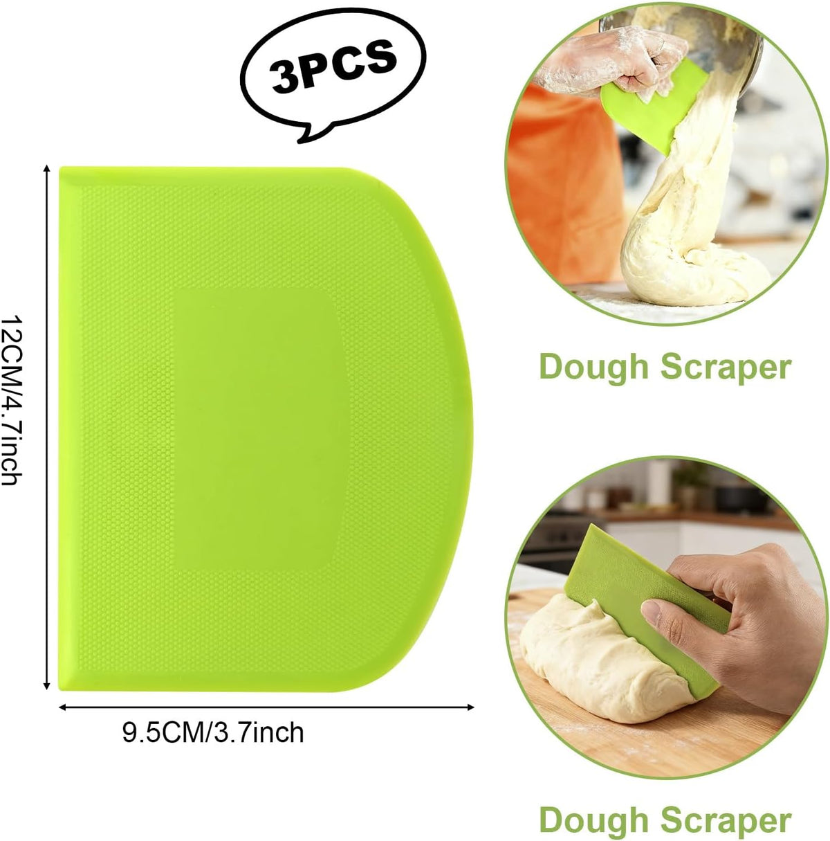 3-Piece Dough Scraper Set, 4.7x3.7 Inch Flexible Plastic Bowl and Bench Scrapers with Sharp Edges & Anti-Slip Grip for Baking, Pastry & Bread Making