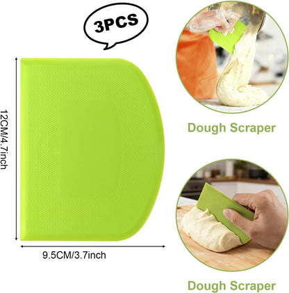 3-Piece Dough Scraper Set, 4.7x3.7 Inch Flexible Plastic Bowl and Bench Scrapers with Sharp Edges & Anti-Slip Grip for Baking, Pastry & Bread Making
