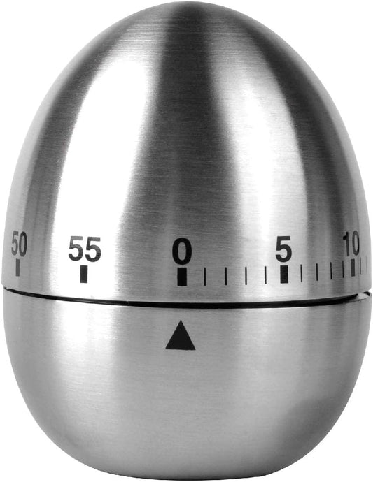 Jayron Egg Timer 60-Minute Stainless Steel Mechanical Wind-Up Kitchen Timer | Egg-shaped silver body, wind-up dial, battery-free, bell reminder, boiling eggs, pasta, baking, tea, BBQ, coffee, desk use