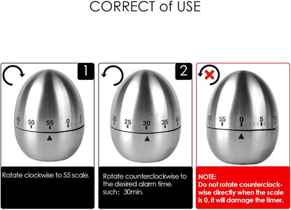 Jayron Egg Timer 60-Minute Stainless Steel Mechanical Wind-Up Kitchen Timer | Egg-shaped silver body, wind-up dial, battery-free, bell reminder, boiling eggs, pasta, baking, tea, BBQ, coffee, desk use