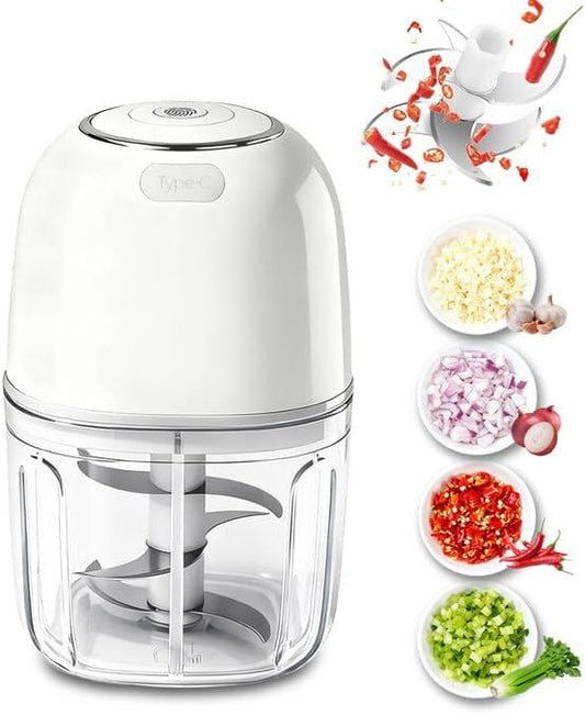 Electric Garlic Chopper, Mini Food Processor Veggie Grinder 350ML | Portable Small Onion Mincer Cordless Blender Masher USB Rechargeable Cutter 6 Blades Chili Fruit Vegetable Ginger Spices