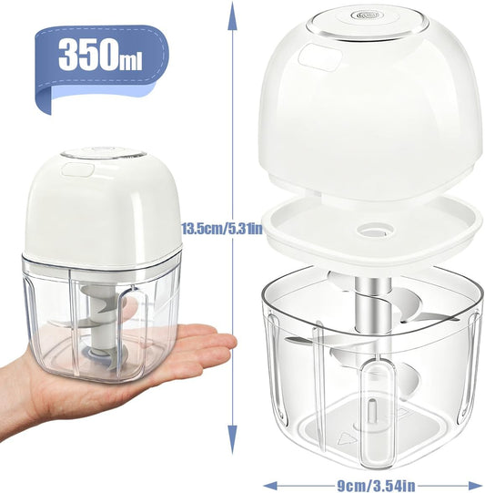 Electric Garlic Chopper, Mini Food Processor Veggie Grinder 350ML | Portable Small Onion Mincer Cordless Blender Masher USB Rechargeable Cutter 6 Blades Chili Fruit Vegetable Ginger Spices