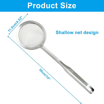 Stainless Steel Fat Skimmer Spoon 14 inch DIA 4.53" | Ladle Cooking Strainer Spoon, Fine Mesh, Colander with Handle, Shallow Net Design