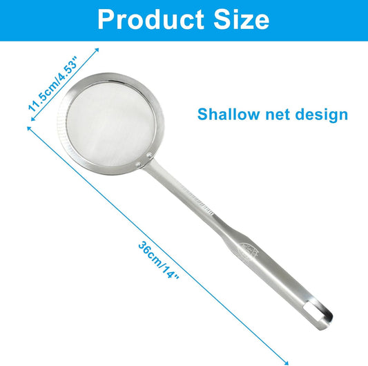 Stainless Steel Fat Skimmer Spoon 14 inch DIA 4.53" | Ladle Cooking Strainer Spoon, Fine Mesh, Colander with Handle, Shallow Net Design