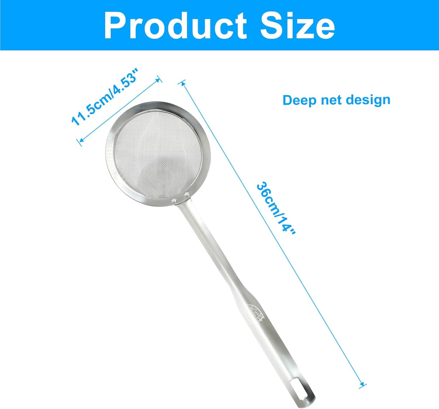 Stainless Steel Fat Skimmer Spoon 14 inch DIA 4.53" | Ladle Cooking Strainer Spoon, Fine Mesh, Colander with Handle, Shallow Net Design