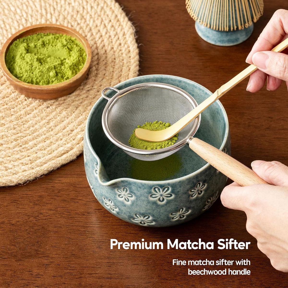 Matcha Whisk Set, Ceramic Matcha Set, 6 Pcs Matcha Kit Includes Matcha Bowl, Matcha Whisk with Holder, Bamboo Scoop, Scoop Rest, Sifter, Ceremonial Matcha Tea Set, Perfect Gifts, Blue
