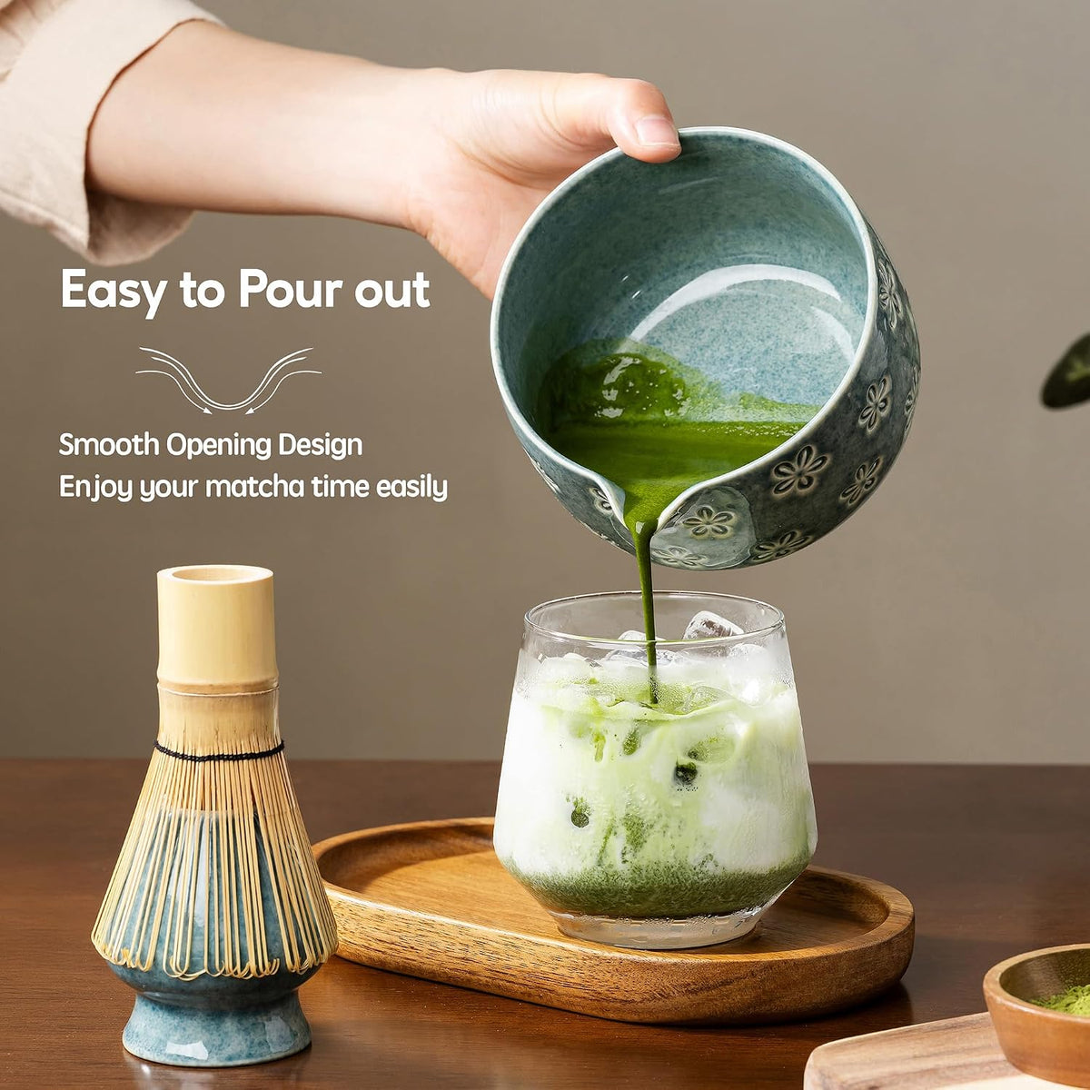 Matcha Whisk Set, Ceramic Matcha Set, 6 Pcs Matcha Kit Includes Matcha Bowl, Matcha Whisk with Holder, Bamboo Scoop, Scoop Rest, Sifter, Ceremonial Matcha Tea Set, Perfect Gifts, Blue